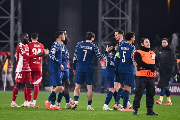 FOOTBALL : Brest vs PSG - Ligue des Champions - 11 02 2025 PSG players celebrate their side s victory after the UEFA Champions League match between Stade Brestois 29 and Paris Saint Germain at Stade de Roudourou on February 11, 2025 in Guingamp, France. ( Photo by Dante Badano PsnewZ ) - GuingampFrance  Copyright: xDantexBadanox