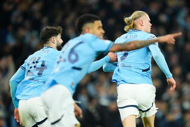 Manchester City v Real Madrid C.F. - UEFA Champions League 2024 25 League Knockout Play-off First Leg Erling Haaland centre-forward of Manchester City and Norway celebrates after scoring his sides first goal during the UEFA Champions League 2024 25 League Knockout Play-off first leg match between Manchester City and Real Madrid C.F. at Manchester City Stadium on February 11, 2025 in Manchester, United Kingdom. Manchester England United Kingdom  Copyright: xJosexBretonx originalFilename:bretonhernandez-manchest250211_np8uU.jpg