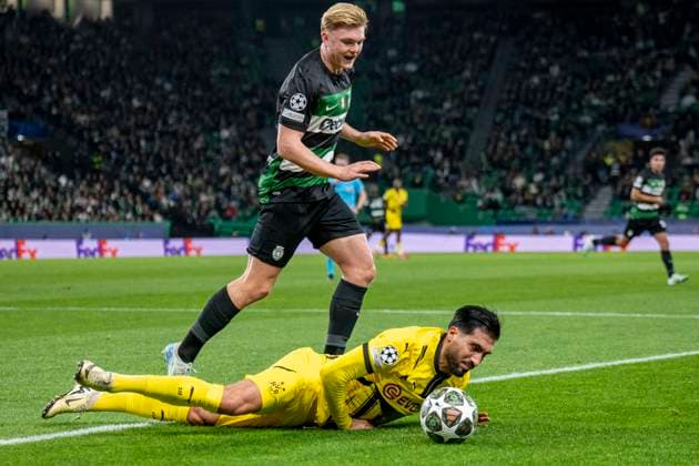 11 02 2025, Football UEFA Champions League, Season 2024 2025, Play Offs, First leg, Sporting CP Lisbon Borussia Dortmuna at Estadio Jose Alvalade in Lisbon Dortmunds Emre Can and Lisbons Conrad Harder fight for the ball Photo Kirchner Media Thomas Haesler IMPORTANT NOTE In accordance with UEFA regulations, it is prohibited to use or have used photographs taken in the stadium and or of the match in the form of sequential images and or video-like photo series Copyright: xKirchner-Media ThomasxHaeslerx