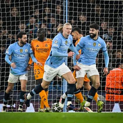 11th February 2025; Etihad Stadium, Manchester, England; UEFA Champions League Play Off Round 1 Football, Manchester City versus Real Madrid; Erling Haaland of Manchester City celebrates scoring in the 19th minute for 1-0  ActionPlus12749763 GodfreyxPitt