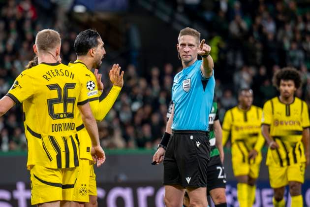 11 02 2025, Football UEFA Champions League, Season 2024 2025, Play Offs, First leg, Sporting CP Lisbon Borussia Dortmuna at Estadio Jose Alvalade in Lisbon Dortmunds Emre Can talks to referee Espen Eskas Photo Kirchner Media Thomas Haesler IMPORTANT NOTICE In accordance with UEFA regulations, it is prohibited to exploit or have exploited photographs taken in the stadium and or of the match in the form of sequential images and or video-like photo series Copyright: xKirchner-Media ThomasxHaeslerx