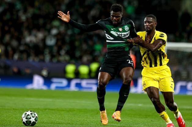 Ousmane Diomande defender of Sporting CP battle for the ball with Serhou Guirassy forward of Borussia Dortmund during the UEFA Champions League 2024 25 League knockout phase play-offs first leg football match between Sporting CP and Borussia Dortmund at the Jose Alvalade stadium in Lisbon on February 11, 2025. UEFA Champions League - Sporting CP vs Borussia Dortmund (Valter Gouveia SPP) Copyright: xValterxGouveia SPPx spp-en-VaGo-VG_L0564