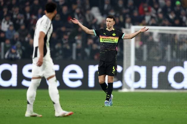 Ivan Perisic (PSV Eindhoven) celebrates after scoring his team s first goal, UEFA Champions League 2024 25 League Knockout Play-off First Leg, Juventus Turin v PSV, Allianz Stadium, February 11, 2025, Turin, Italy.