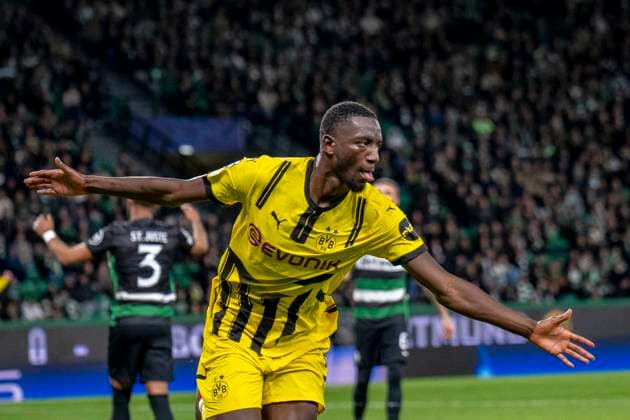 11 02 2025, Football UEFA Champions League, Season 2024 2025, Play Offs, First leg, Sporting CP Lisbon Borussia Dortmuna at Estadio Jose Alvalade in Lisbon Dortmunds Serhou Guirassy celebrates after his goal for 0 1 Photo Kirchner Media Thomas Haesler IMPORTANT NOTE In accordance with UEFA regulations, it is prohibited to exploit or have exploited photographs taken in the stadium and or of the match in the form of sequential images and or video-like photo series Copyright: xKirchner-Media ThomasxHaeslerx