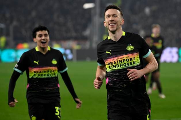Ivan Perisic of PSV Eindhoven celebrates after scoring the goal of 1-1 during the Champions League football match between Juventus FC and PSV Eindhoven at Juventus stadium in Turin (Italy), February 11, 2025. andreaxstaccioli