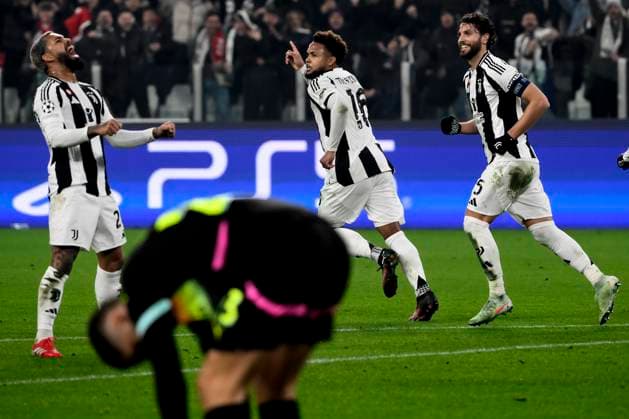Weston McKennie of Juventus FC (c) celebrates with teammates after scoring the goal of 1-0 during the Champions League football match between Juventus FC and PSV Eindhoven at Juventus stadium in Turin (Italy), February 11, 2025. andreaxstaccioli