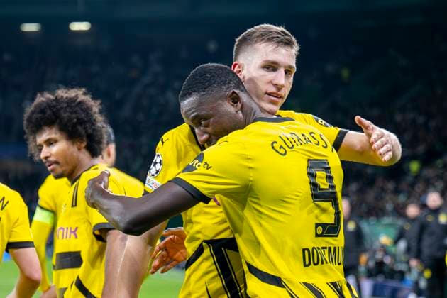 11 02 2025, Football UEFA Champions League, Season 2024 2025, Play Offs, First leg, Sporting CP Lisbon Borussia Dortmuna at Estadio Jose Alvalade in Lisbon Dortmunds Serhou Guirassy celebrates after his goal to 0 1 with Dortmunds Nico Schlotterbeck Photo Kirchner Media Thomas Haesler IMPORTANT NOTICE According to UEFA regulations, it is prohibited, to exploit or have exploited photographs taken in the stadium and or of the match in the form of sequential images and or video-like photo series Copyright: xKirchner-Media ThomasxHaeslerx