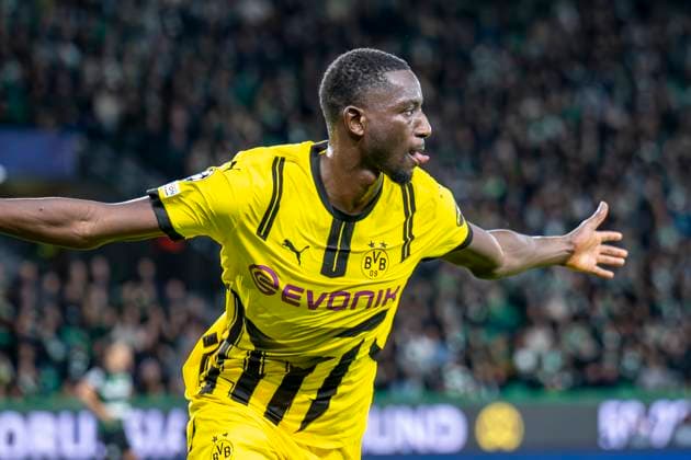 11 02 2025, Football UEFA Champions League, Season 2024 2025, Play Offs, First leg, Sporting CP Lisbon Borussia Dortmuna at Estadio Jose Alvalade in Lisbon Dortmunds Serhou Guirassy celebrates after his goal for 0 1 Photo Kirchner Media Thomas Haesler IMPORTANT NOTE In accordance with UEFA regulations, it is prohibited to exploit or have exploited photographs taken in the stadium and or of the match in the form of sequential images and or video-like photo series Copyright: xKirchner-Media ThomasxHaeslerx