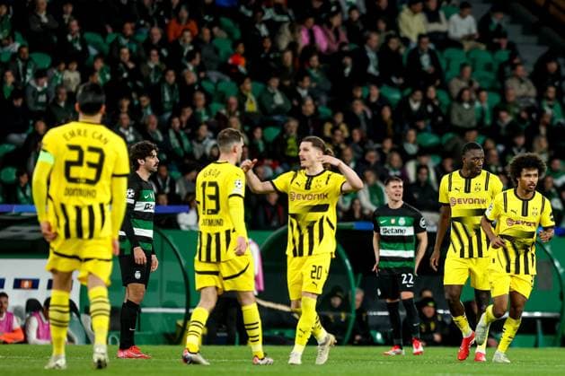 Serhou Guirassy forward of Borussia Dortmund celebrates after scoring a goal during the UEFA Champions League 2024 25 League knockout phase play-offs first leg football match between Sporting CP and Borussia Dortmund at the Jose Alvalade stadium in Lisbon on February 11, 2025. UEFA Champions League - Sporting CP vs Borussia Dortmund (Valter Gouveia SPP) Copyright: xValterxGouveia SPPx spp-en-VaGo-VG_L0990