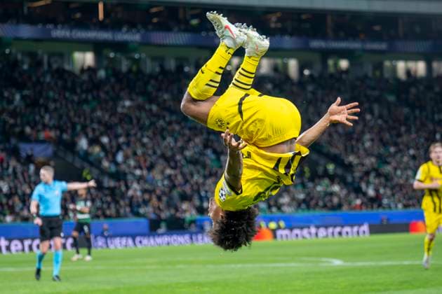 11 02 2025, Football UEFA Champions League, Season 2024 2025, Play Offs, First leg, Sporting CP Lisbon Borussia Dortmuna at Estadio Jose Alvalade in Lisbon Dortmunds Karim Adeyemi celebrates after his goal for 0 3 Photo Kirchner Media Thomas Haesler IMPORTANT NOTICE In accordance with UEFA regulations, it is prohibited to use or have used photographs taken in the stadium and or of the match in the form of sequential images and or video-like photo series Copyright: xKirchner-Media ThomasxHaeslerx
