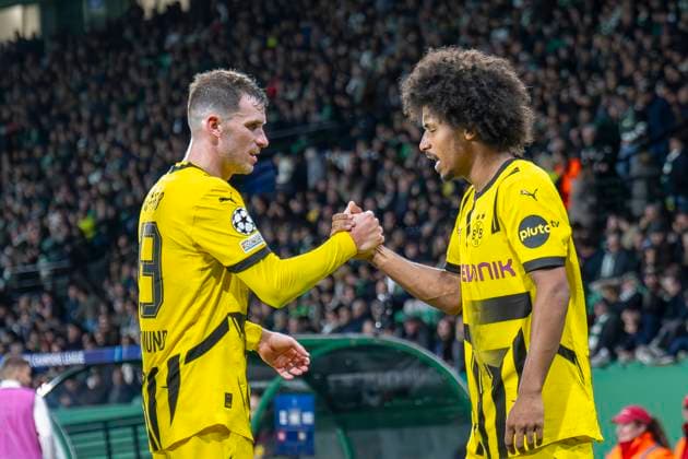 11 02 2025, Football UEFA Champions League, Season 2024 2025, Play Offs, First leg, Sporting CP Lisbon Borussia Dortmuna at Estadio Jose Alvalade in Lisbon Dortmunds Pascal Groß l celebrates after scoring the 0 3 goal with Dortmunds Karim Adeyemi Photo Kirchner Media Thomas Haesler IMPORTANT NOTICE In accordance with UEFA regulations, it is prohibited to to exploit or have exploited photographs taken in the stadium and or of the match in the form of sequential images and or video-like photo series Copyright: xKirchner-Media ThomasxHaeslerx