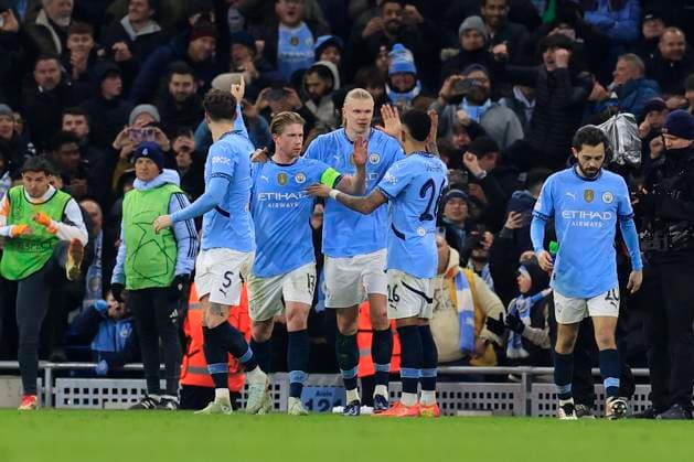 Manchester City v Real Madrid Champions League 11 02 2025. Erling Haaland (9) of Manchester City celebrates scoring to make it 2-1 during the Champions League match between Manchester City and Real Madrid at the Etihad Stadium, Manchester, England on 11 February 2025. Manchester Etihad Stadium Manchester England Editorial use only , Copyright: xConorxMolloyx PSI-21439-0052