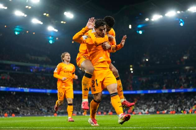 Manchester City v Real Madrid C.F. - UEFA Champions League 2024 25 League Knockout Play-off First Leg Brahim Diaz attacking midfield of Real Madrid and Spain celebrates after scoring his sides first goal during the UEFA Champions League 2024 25 League Knockout Play-off first leg match between Manchester City and Real Madrid C.F. at Manchester City Stadium on February 11, 2025 in Manchester, United Kingdom. Manchester England United Kingdom  Copyright: xJosexBretonx originalFilename:bretonhernandez-manchest250211_npNDl.jpg