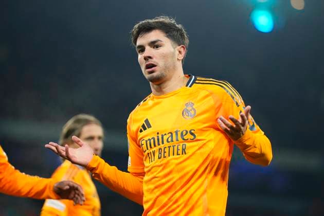 Manchester City v Real Madrid C.F. - UEFA Champions League 2024 25 League Knockout Play-off First Leg Brahim Diaz attacking midfield of Real Madrid and Spain celebrates after scoring his sides first goal during the UEFA Champions League 2024 25 League Knockout Play-off first leg match between Manchester City and Real Madrid C.F. at Manchester City Stadium on February 11, 2025 in Manchester, United Kingdom. Manchester England United Kingdom  Copyright: xJosexBretonx originalFilename:bretonhernandez-manchest250211_npQIO.jpg