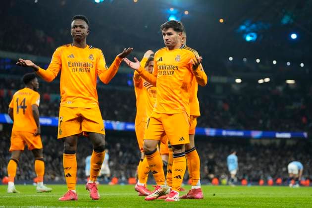 Manchester City v Real Madrid C.F. - UEFA Champions League 2024 25 League Knockout Play-off First Leg Brahim Diaz attacking midfield of Real Madrid and Spain celebrates after scoring his sides first goal during the UEFA Champions League 2024 25 League Knockout Play-off first leg match between Manchester City and Real Madrid C.F. at Manchester City Stadium on February 11, 2025 in Manchester, United Kingdom. Manchester England United Kingdom  Copyright: xJosexBretonx originalFilename:bretonhernandez-manchest250211_npvNX.jpg