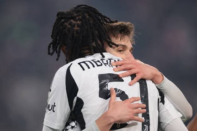 Turin, Italy, 11th February 2025. Samuel Mbangula Tshifunda of Juventus celebrates with team mate Francisco Conceicao after scoring to give the side a 2-1 lead during the UEFA Champions League match at Allianz Stadium, Turin. Picture credit should read: Jonathan Moscrop Sportimage EDITORIAL USE ONLY. No use with unauthorised audio, video, data, fixture lists, club league logos or live services. Online in-match use limited to 120 images, no video emulation. No use in betting, games or single club league player publications. SPI_043_JM_JUVE_PSV_UCL SPI-3661-0043