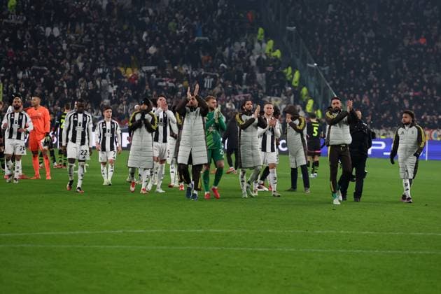 Players of Juventus Fc celebrate after winning, UEFA Champions League 2024 25 League Knockout Play-off First Leg, Juventus Turin v PSV, Allianz Stadium, February 11, 2025, Turin, Italy.