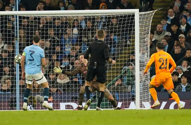 Manchester, England, 11th February 2025. Real Madrid s Brahim Diaz scores his sides second goal during the UEFA Champions League match at the Etihad Stadium, Manchester. Picture credit should read: Andrew Yates Sportimage EDITORIAL USE ONLY. No use with unauthorised audio, video, data, fixture lists, club league logos or live services. Online in-match use limited to 120 images, no video emulation. No use in betting, games or single club league player publications. SPI_AY_072_Man_City_Real_Madrid SPI-3675-0176