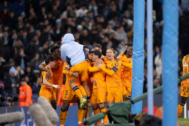 Jude Bellingham of Real Madrid celebrates after scoring winning goal (2-3) during the UEFA Champions League 2024 25 football match between Real Madrid and Manchester City at the Etihad Stadium in Manchester (Richard Callis SPP) Copyright: xRichardxCallis SPPx spp-en-RiCa-spp_riCa_1102251575