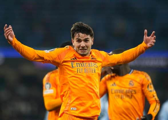 Manchester, England, 11th February 2025. Real Madrid s Brahim Diaz celebrates at the final whistle during the UEFA Champions League match at the Etihad Stadium, Manchester. Picture credit should read: Andrew Yates Sportimage EDITORIAL USE ONLY. No use with unauthorised audio, video, data, fixture lists, club league logos or live services. Online in-match use limited to 120 images, no video emulation. No use in betting, games or single club league player publications. SPI_AY_090_Man_City_Real_Madrid SPI-3675-0221