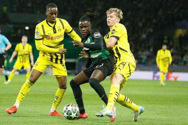 Champions league sporting x borussia dortmund Lisbon (pt), 11 02 2025 - champions league sporting x borussia dortmund - a sporting player falls during the match between sporting x b.dortimund, valid for the first leg of the play-off of the knockout phase of the uefa champions league, held at the jose alvalade stadium, in lisbon, on tuesday night, (11). (Foto: Alexandre Gomes Thenews2 imago images) SPO  Copyright: xALEXANDRExGOMESx