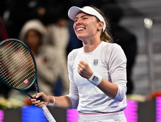 WTA, Tennis Damen QATAR OPEN TENNIS TOURNAMENT ROUND OF 32 Ekaterina Alexandrova celebrates after the round of 32 match against Aryna Sabalenka during the WTA Qatar TotalEnergies Open 2025 tennis tournament at the Khalifa International Tennis Complex in Doha, Qatar, on February 11, 2025. Copyright: xNOUSHADx