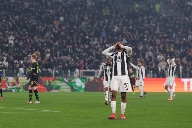 Turin, Italy, 11th February 2025. Samuel Mbangula Tshifunda of Juventus reacts after going close to scoring during the UEFA Champions League match at Allianz Stadium, Turin. Picture credit should read: Jonathan Moscrop Sportimage EDITORIAL USE ONLY. No use with unauthorised audio, video, data, fixture lists, club league logos or live services. Online in-match use limited to 120 images, no video emulation. No use in betting, games or single club league player publications. SPI_067_JM_JUVE_PSV_UCL SPI-3661-0068