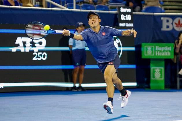 DELRAY BEACH, FL - FEBRUARY 11: Kei Nishikori in action during R32 against Mackenzie McDonald at the Delray Beach Open on Tuesday February 11, 2025, at the Delray Beach Stadium & Tennis Center in Delray Beach, Florida.(Photo by Chris Arjoon Icon Sportswire) TENNIS: FEB 11 Delray Beach Open EDITORIAL USE ONLY Icon25021100154