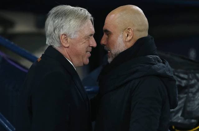 Sport Themen der Woche KW07 Sport Bilder des Tages . - Manchester City v Real Madrid, UEFA Champions League, Knockout Play-off first leg, City Of Manchester Stadium, Manchester, UK - 11th February 2025. Daniel Weir Crystal Pix Josep Guardiola Manager of Manchester City & Carlo Ancelotti Manager of Real Madrid go face to face ahead of kick off. - Manchester City v Real Madrid, UEFA Champions League, Knockout Play-off first leg, City Of Manchester Stadium, Manchester, UK - 11th February 2025. Daniel Weir Crystal Pix Manchester City Of Manchester Stadium UK Copyright: xDanielxWeirx CP_Manchester_City_Real_Madrid_040
