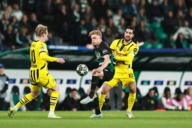 (L-R) Julian Brandt (Dortmund), Conrad Harder (SportingCP), Emre Can (Dortmund), FEBRUARY 11, 2025 - Football Soccer : UEFA Champions League knockout phase play-offs 1st leg match between Sporting Clube de Portugal - Borussia Dortmund at the Estadio Jose Alvalade in Lisbon, Portugal. Noxthirdxpartyxsales  (281436271)