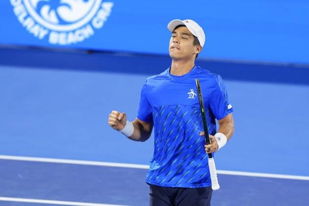 DELRAY BEACH, FL- FEBRUARY 11: Mackenzie McDonald(USA) celebrates his opening round win at the 2025 Delray Beach Open being held at the Delray Beach Tennis Center in Delray Beach Florida. Copyright: xAndrewxPatronx