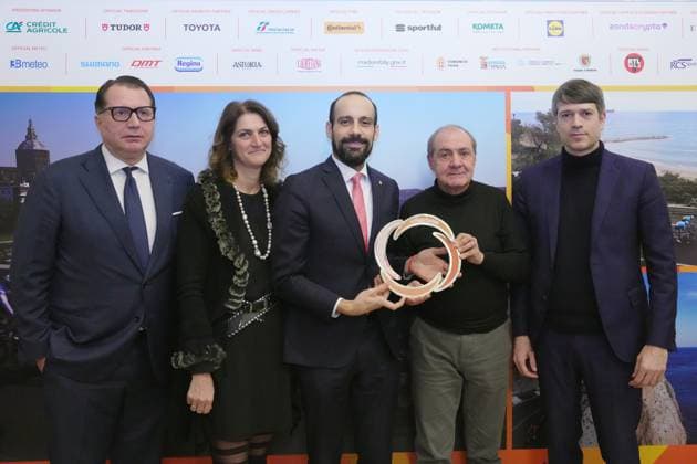 Giovanni Merlino, Angela Barbara Gregorini, Michele Lissia, Mauro Vegni , Giovanni Palli during the press conference, PK, Pressekonferenz to present Milano Sanremo 2025 - Pavia Milan , North Italy - Wednesday , February 12 , 2025 . - cycling  Copyright: xSpada LaPressex