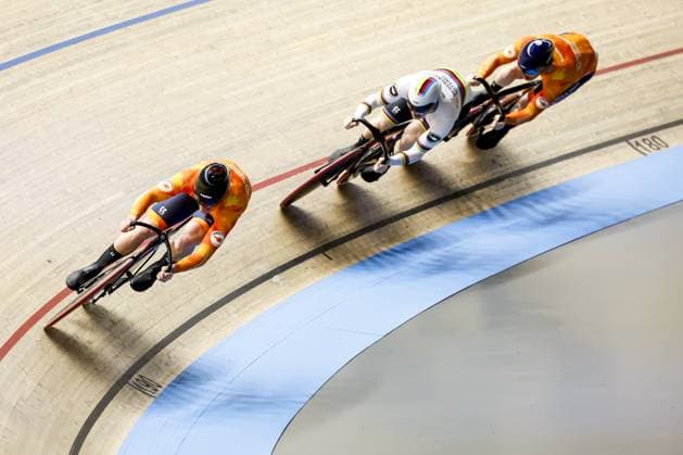 HEUSDEN-ZOLDER - Track cyclists Loris Leneman, Harrie Lavreysen and Tijmen van Loon in action on the team sprint qualifier during the first day of the European Track cycling, Rad, Radsport, Bahnrad, Bahn championships in Belgium. ANP BAS CZERWINSKI xVIxANPxSportx xxANPxIVx 519787539 originalFilename: 519787539.jpg