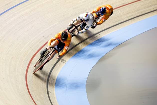 HEUSDEN-ZOLDER - Track cyclists Loris Leneman, Harrie Lavreysen and Tijmen van Loon in action on the team sprint qualifier during the first day of the European Track cycling, Rad, Radsport, Bahnrad, Bahn championships in Belgium. ANP BAS CZERWINSKI xVIxANPxSportx xxANPxIVx 519787706 originalFilename: 519787706.jpg