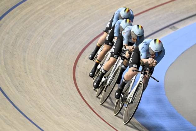Belgian Katrijn De Clercq, Belgian Helene Hesters, Belgian Febe Jooris and Belgian Marith Vanhove pictured during the women s Team Pursuit qualifications at the 2025 UEC Track Elite European Championships, in Heusden-Zolder, Belgium, Wednesday 12 February 2025. The European Championships take place from 12 to 16 February. DIRKxWAEM  x112310861x