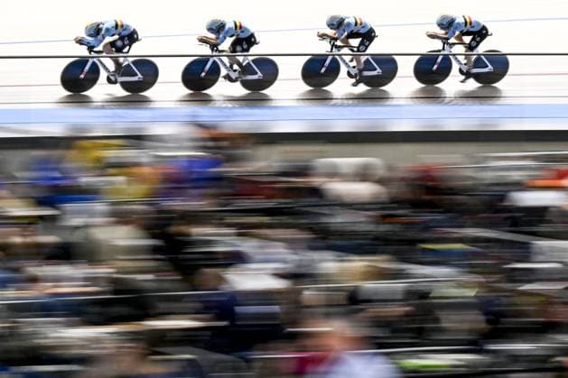 Belgian Katrijn De Clercq, Belgian Helene Hesters, Belgian Febe Jooris and Belgian Marith Vanhove pictured during the women s Team Pursuit qualifications at the 2025 UEC Track Elite European Championships, in Heusden-Zolder, Belgium, Wednesday 12 February 2025. The European Championships take place from 12 to 16 February. DIRKxWAEM  x112311042x