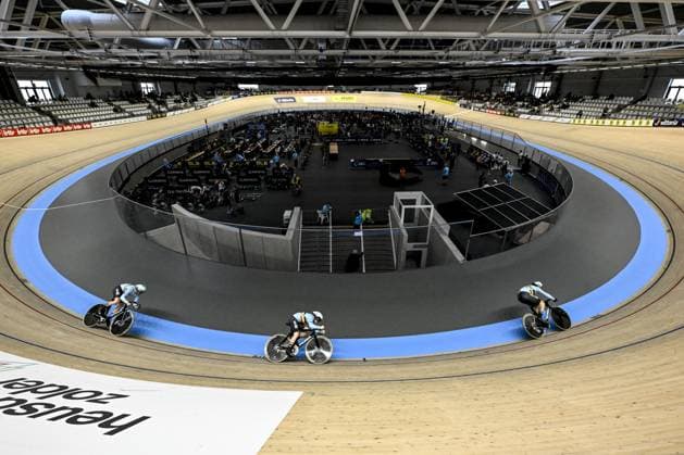 Belgian Mathijs Verhoeven, Belgian Runar De Schrijver and Belgian Lowie Nulens pictured during the men s Team Sprint qualifications at the 2025 UEC Track Elite European Championships, in Heusden-Zolder, Belgium, Wednesday 12 February 2025. The European Championships take place from 12 to 16 February. DIRKxWAEM  x112311153x