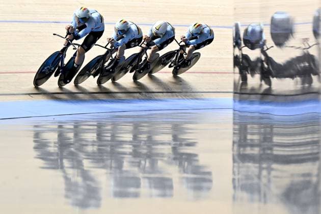 Belgian Tom Crabbe, Belgian Thibaut Bernard, Belgian Renzo Raes and Belgian Yoran Van Gucht pictured during the men s Team Pursuit qualifications at the 2025 UEC Track Elite European Championships, in Heusden-Zolder, Belgium, Wednesday 12 February 2025. The European Championships take place from 12 to 16 February. DIRKxWAEM  x112314696x