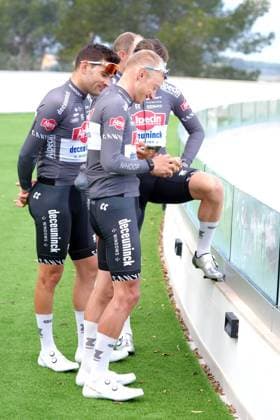 Belgian Gianni Vermeersch of Alpecin-Deceuninck and Belgian Quinten Hermans of Alpecin-Deceuninck pictured during the media day of Alpecin-Deceuninck cycling team in Pedreguer, Spain, Wednesday 12 February 2025, in preparation of the upcoming season. JOMAxGARCIA  x112316072x