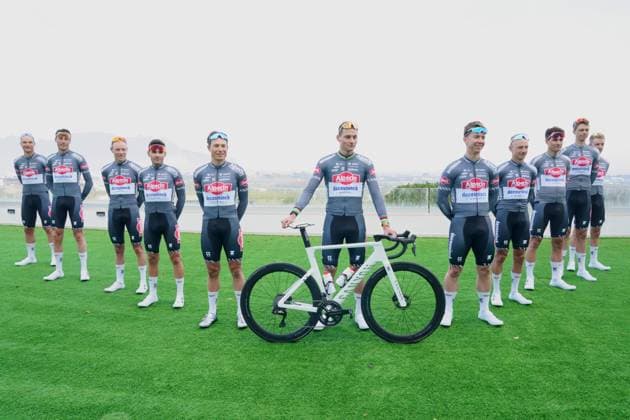 Belgian Jasper Philipsen of Alpecin-Deceuninck (Center L), Dutch Mathieu van der Poel of Alpecin-Deceuninck (Center R) and Alpecin-Deceuninck riders pictured during the media day of Alpecin-Deceuninck cycling team in Pedreguer, Spain, Wednesday 12 February 2025, in preparation of the upcoming season. JOMAxGARCIA  x112316771x