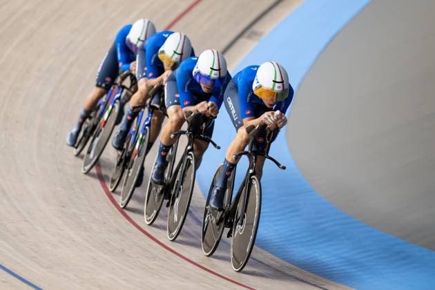 Track Cycling, UEC EUROPEAN CHAMPIONSHIPS, Men s Team Pursuit Qualifying, 12 02 2025 Team Italy BOSCARO Davide, FAVERO Renato, GALLI Niccolo, LAMON Francesco all ITA Heusden Zolder Copyright: xMarcelxHilgerx