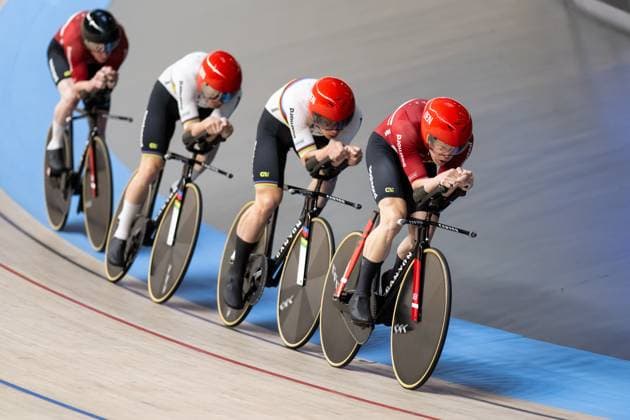 Track Cycling, UEC EUROPEAN CHAMPIONSHIPS, Men s Team Pursuit Qualifying, 12 02 2025 Team Denmark HANSEN Aagaard Tobias, LARSEN Niklas, LETH Norman Lasse, SKIVILD Juel Robin all DEN Heusden Zolder Copyright: xMarcelxHilgerx