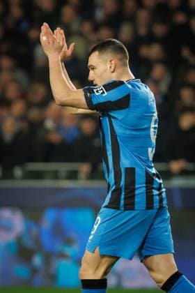 Club s Ferran Jutgla pictured during a soccer game between Belgian soccer team Club Brugge KV and Italian club Atalanta Bergamo, on Wednesday 12 February 2025 in Brugge, in the first leg of the Knockout phase play-offs of the UEFA Champions League competition. KURTxDESPLENTER  x112320634x