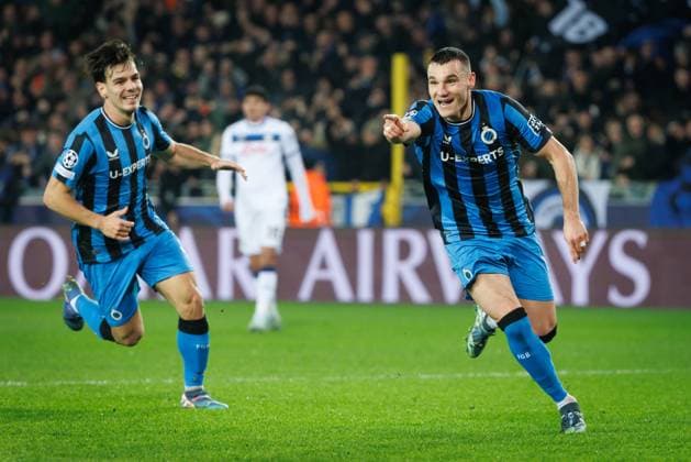 Club s Ferran Jutgla celebrates after scoring during a soccer game between Belgian soccer team Club Brugge KV and Italian club Atalanta Bergamo, on Wednesday 12 February 2025 in Brugge, in the first leg of the Knockout phase play-offs of the UEFA Champions League competition. KURTxDESPLENTER  x112320814x