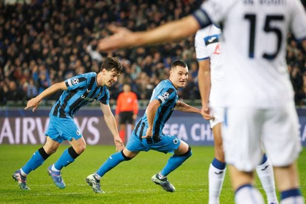 Club s Ferran Jutgla celebrates after scoring during a soccer game between Belgian soccer team Club Brugge KV and Italian club Atalanta Bergamo, on Wednesday 12 February 2025 in Brugge, in the first leg of the Knockout phase play-offs of the UEFA Champions League competition. KURTxDESPLENTER  x112321435x