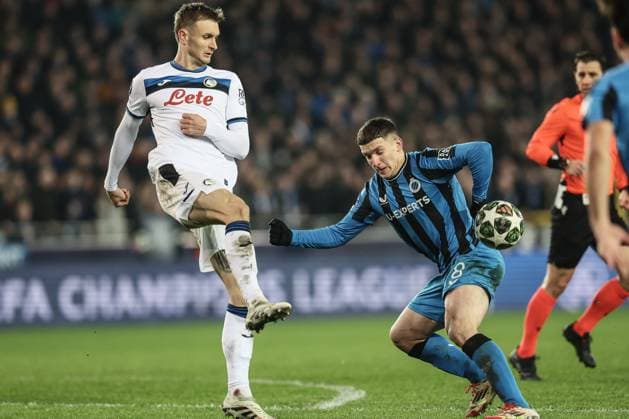 Club s Christos Tzolis pictured in action during a soccer game between Belgian soccer team Club Brugge KV and Italian club Atalanta Bergamo, on Wednesday 12 February 2025 in Brugge, in the first leg of the Knockout phase play-offs of the UEFA Champions League competition. BRUNOxFAHY  x112323604x