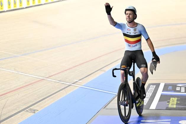 Belgian Jules Hesters celebrates after winning the bronze medal during the men s Elimination final at the 2025 UEC Track Elite European Championships, in Heusden-Zolder, Belgium, Wednesday 12 February 2025. The European Championships take place from 12 to 16 February. DIRKxWAEM  x112325098x