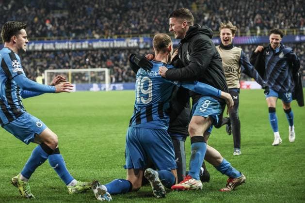 Club s Gustaf Nilsson celebrates after scoring during a soccer game between Belgian soccer team Club Brugge KV and Italian club Atalanta Bergamo, on Wednesday 12 February 2025 in Brugge, in the first leg of the Knockout phase play-offs of the UEFA Champions League competition. BRUNOxFAHY  x112326711x