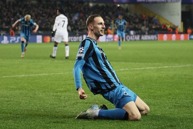 Club s Gustaf Nilsson celebrates after scoring during a soccer game between Belgian soccer team Club Brugge KV and Italian club Atalanta Bergamo, on Wednesday 12 February 2025 in Brugge, in the first leg of the Knockout phase play-offs of the UEFA Champions League competition. BRUNOxFAHY  x112326767x