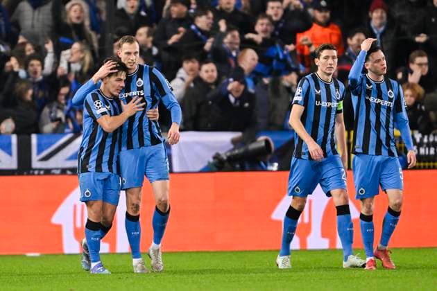 Club Brugge v Atalanta - UEFA Champions League BRUGGE, BELGIUM - FEBRUARY 12 : Nilsson Gustaf forward of Club Brugge, Jashari Ardon midfielder of Club Brugge, Vanaken Hans midfielder of Club Brugge, Players of Clun Brugge celebrates after winning during the UEFA Champions League 2024 25 knockout phase play-off match first round between Club Brugge and Atalanta on February 12, 2025 in Brugge, Belgium, 12 02 2025 Brugge Belgium  Copyright: xDhax